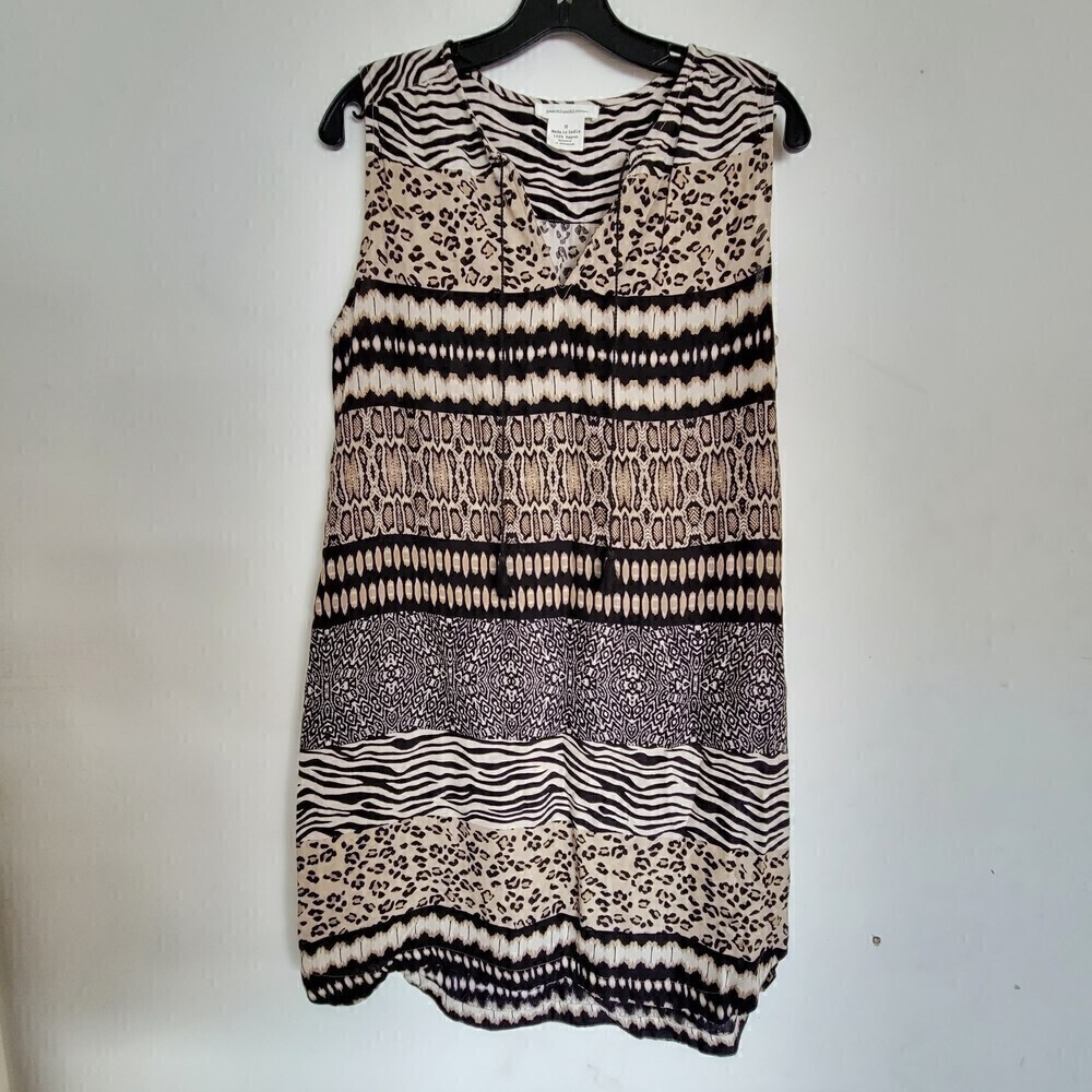 Beach Lunch Lounge Tan Animal Stripe Print Sleeveless Tank Tunic Dress Size Med